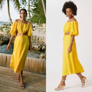 Farm Rio Yellow Midi Knot Dress Puff Sleeve Preppy Vacation Cut Out Womens Large